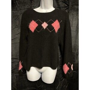 Charter Club 100% 2-ply Cashmere Black Pink Argyle Sweater Pullover V Neck Sz L
